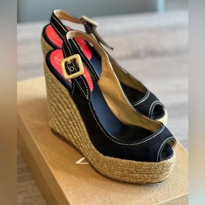 Christian Louboutin Menorca espadrille wedges - black satin, sz 36.